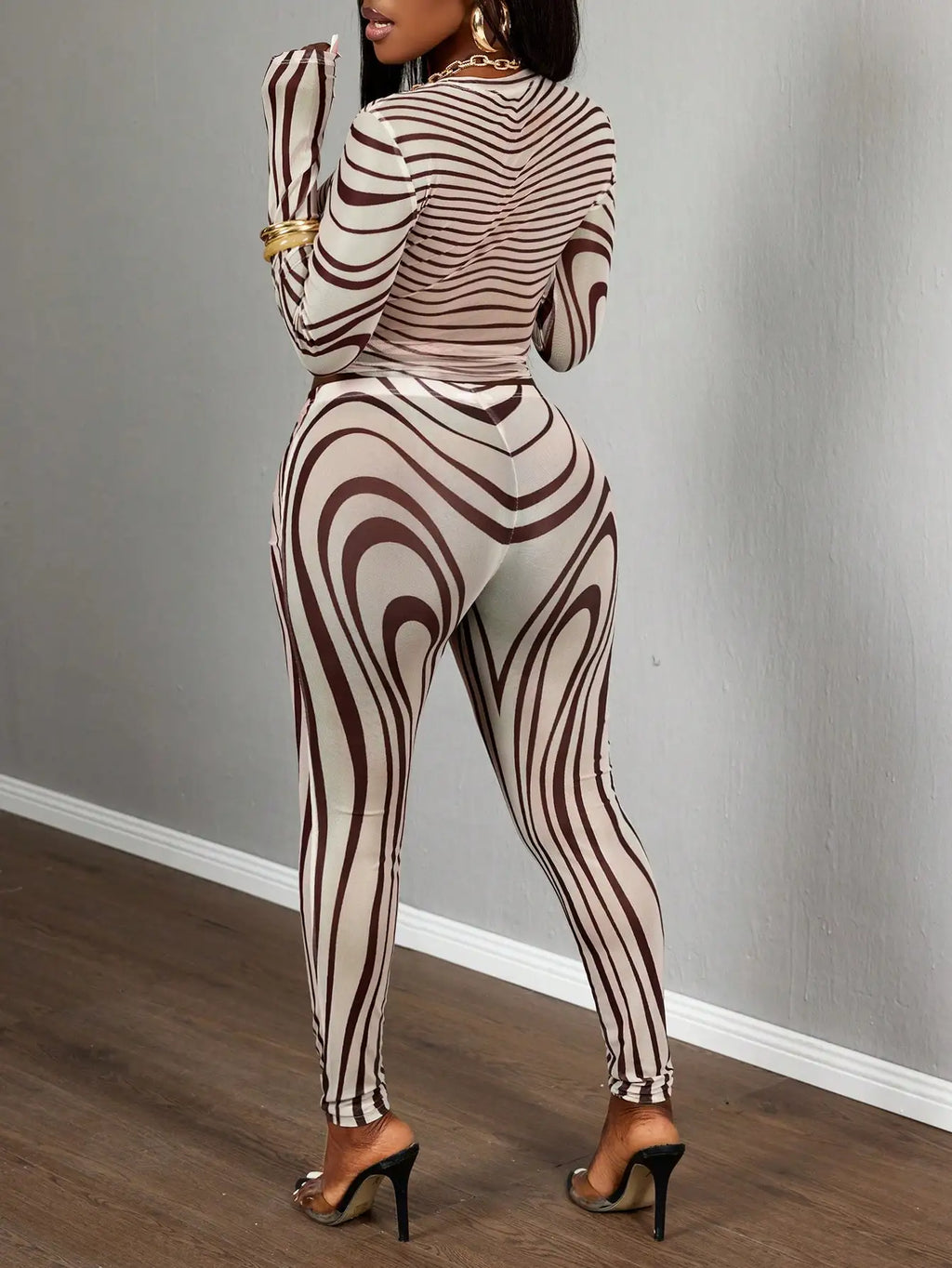 Sexy Sheer Mesh Zebra Print Bodycon Long Sleeve 2 Piece Set for Street Style Festivals Parties