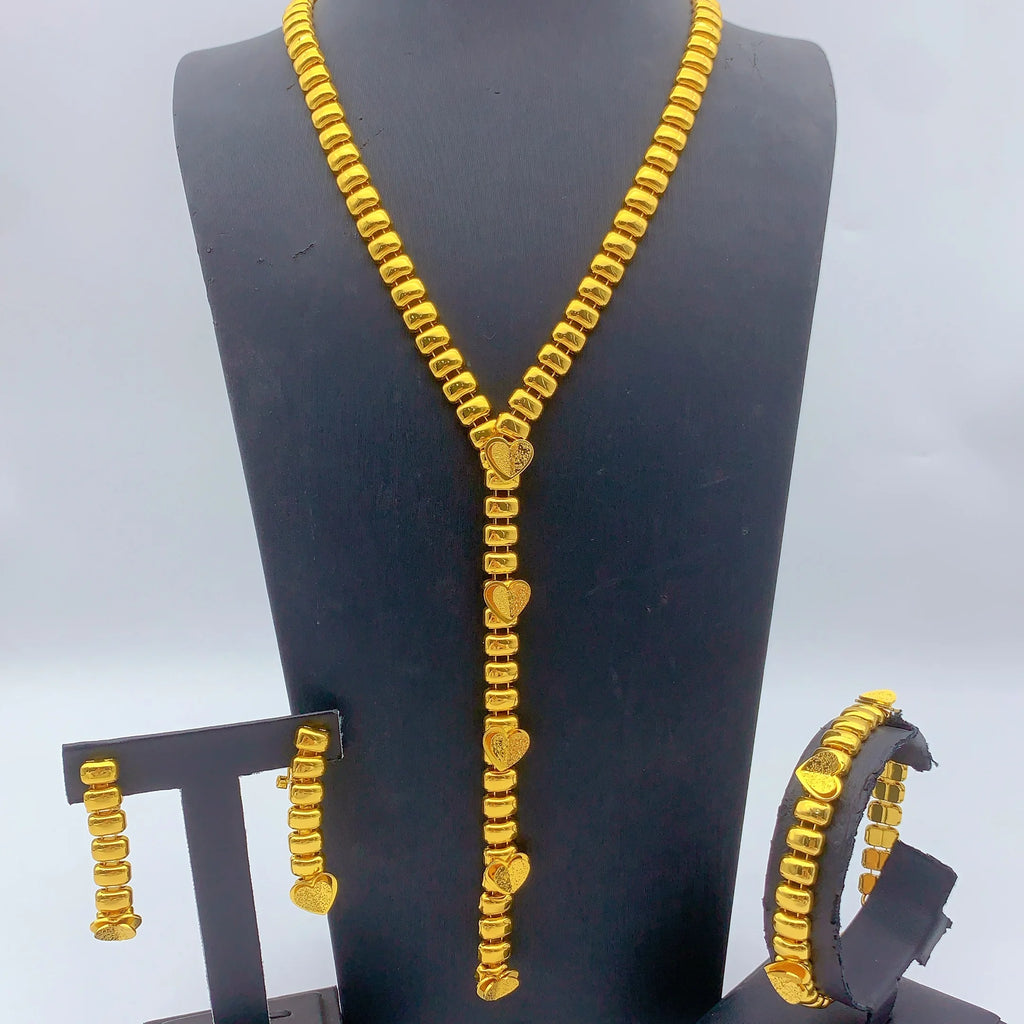 Dubai Jewelry Sets for Women Long Chain Necklaces Earrings Three Pieces Set 24K Gold Color Eritrean Wedding Party Gifts