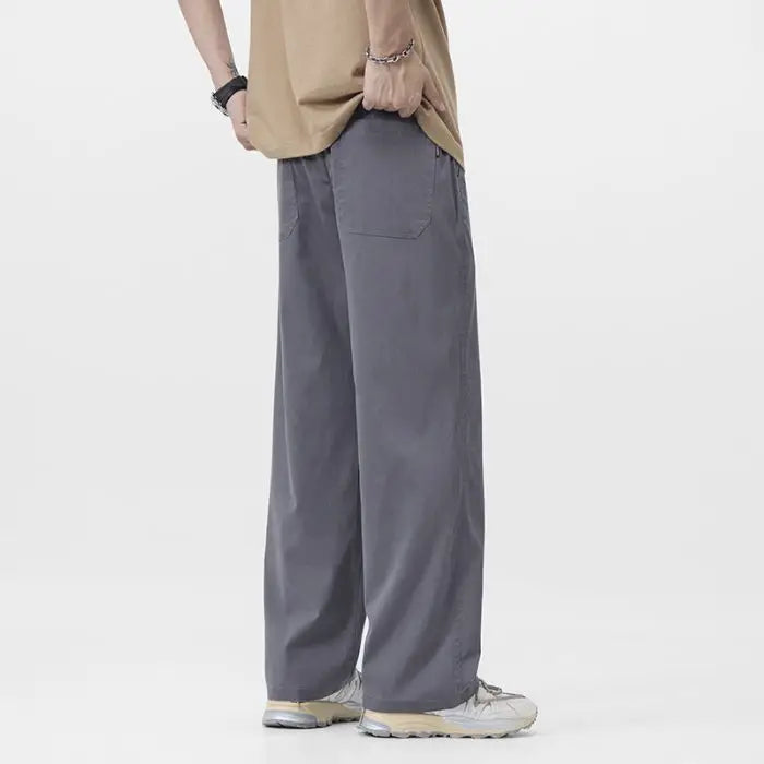 Elastic Waisand Men's Summer Thin Wide Leg Jeans Casual Loose Straight Cut Trousers High Street Long Pants Trendy Brand blue