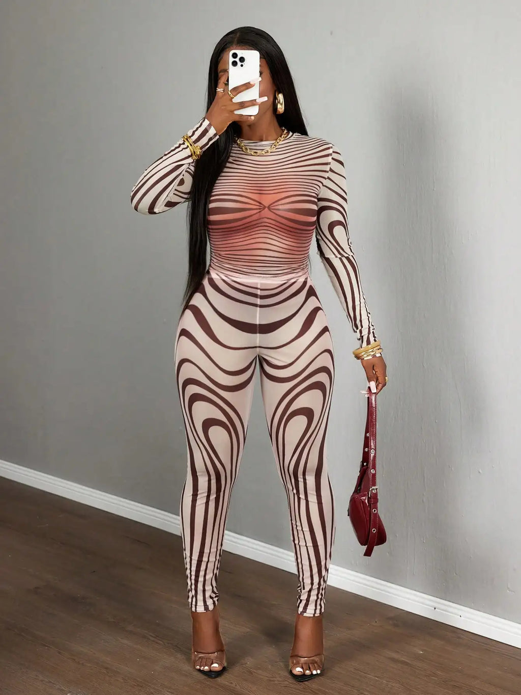 Sexy Sheer Mesh Zebra Print Bodycon Long Sleeve 2 Piece Set for Street Style Festivals Parties