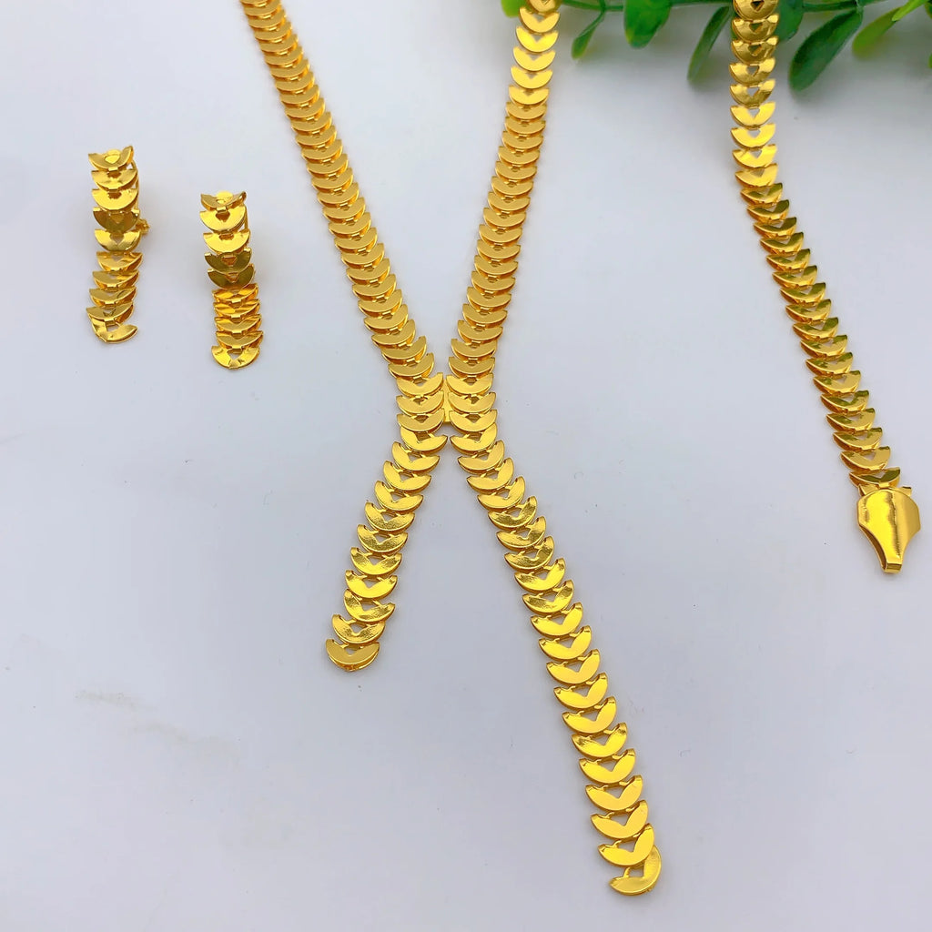 Dubai Jewelry Sets for Women Long Chain Necklaces Earrings Three Pieces Set 24K Gold Color Eritrean Wedding Party Gifts