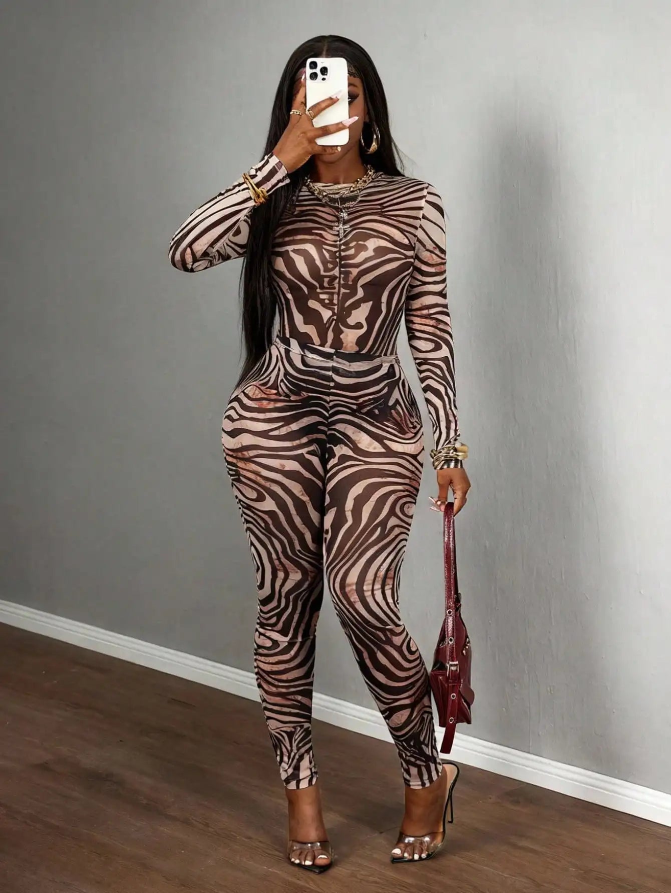 Sexy Sheer Mesh Zebra Print Bodycon Long Sleeve 2 Piece Set for Street Style Festivals Parties