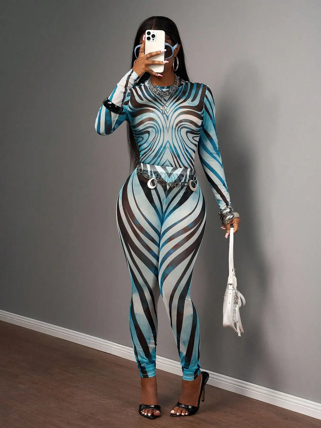Sexy Sheer Mesh Zebra Print Bodycon Long Sleeve 2 Piece Set for Street Style Festivals Parties