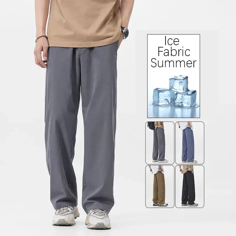 Elastic Waisand Men's Summer Thin Wide Leg Jeans Casual Loose Straight Cut Trousers High Street Long Pants Trendy Brand blue