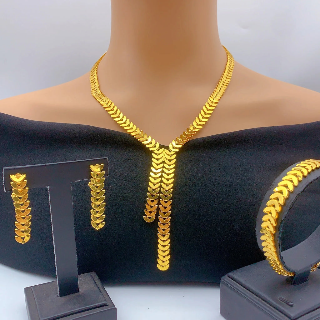 Dubai Jewelry Sets for Women Long Chain Necklaces Earrings Three Pieces Set 24K Gold Color Eritrean Wedding Party Gifts
