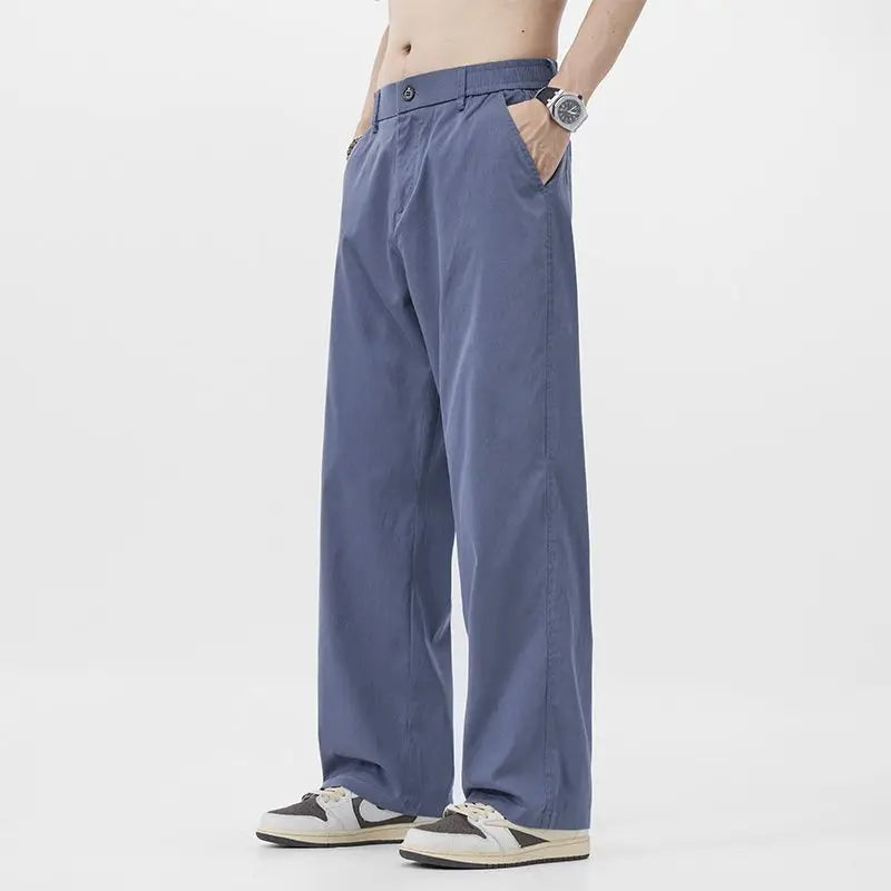 Elastic Waisand Men's Summer Thin Wide Leg Jeans Casual Loose Straight Cut Trousers High Street Long Pants Trendy Brand blue