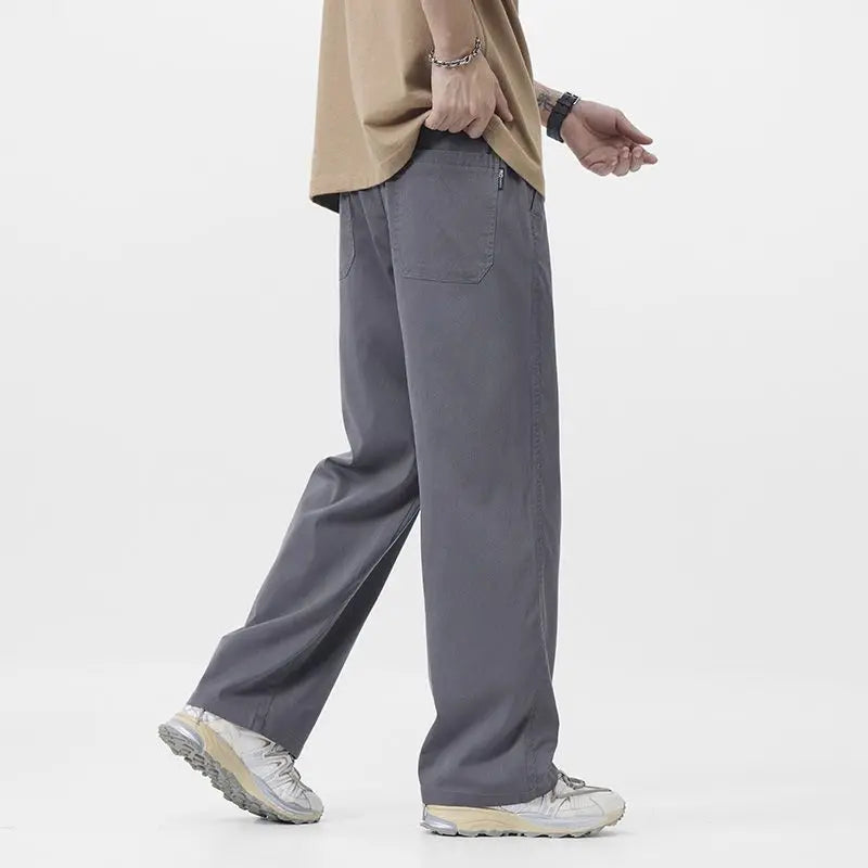 Elastic Waisand Men's Summer Thin Wide Leg Jeans Casual Loose Straight Cut Trousers High Street Long Pants Trendy Brand blue