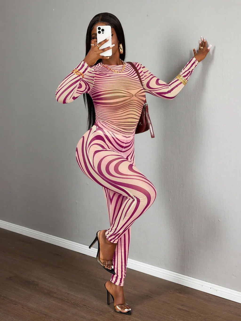 Sexy Sheer Mesh Zebra Print Bodycon Long Sleeve 2 Piece Set for Street Style Festivals Parties