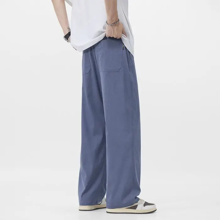 Elastic Waisand Men's Summer Thin Wide Leg Jeans Casual Loose Straight Cut Trousers High Street Long Pants Trendy Brand blue