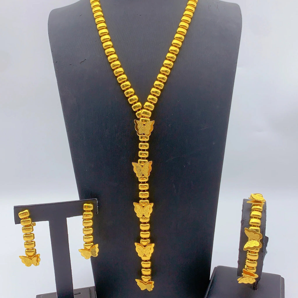 Dubai Jewelry Sets for Women Long Chain Necklaces Earrings Three Pieces Set 24K Gold Color Eritrean Wedding Party Gifts