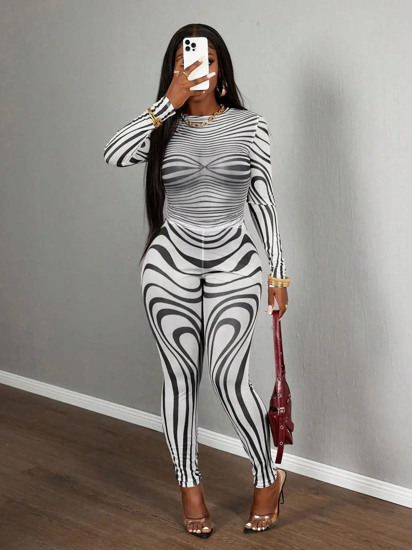Sexy Sheer Mesh Zebra Print Bodycon Long Sleeve 2 Piece Set for Street Style Festivals Parties