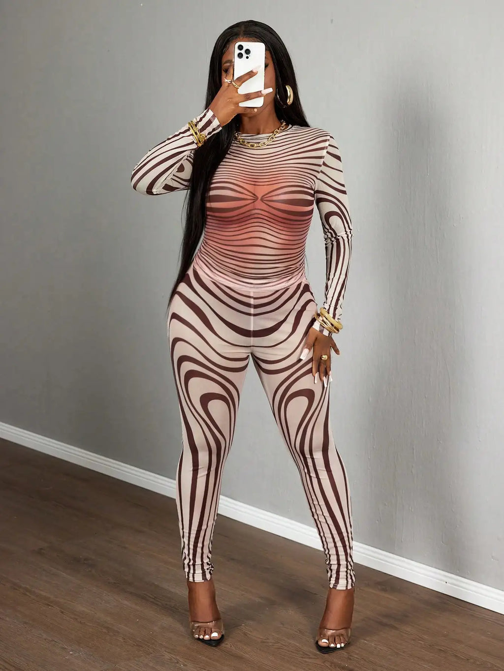 Sexy Sheer Mesh Zebra Print Bodycon Long Sleeve 2 Piece Set for Street Style Festivals Parties