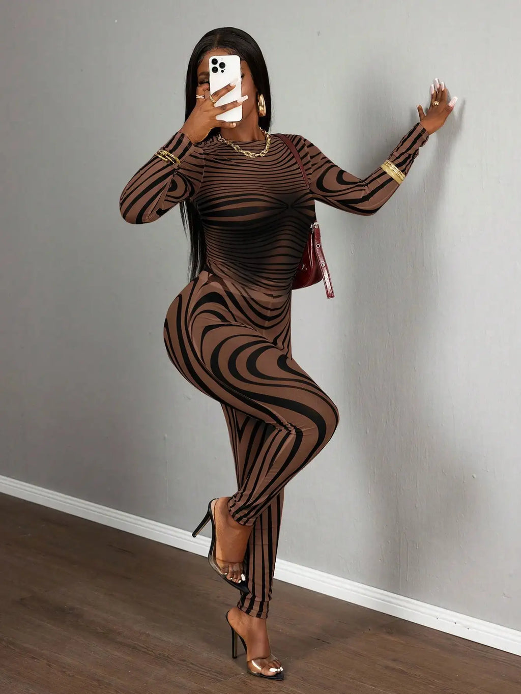 Sexy Sheer Mesh Zebra Print Bodycon Long Sleeve 2 Piece Set for Street Style Festivals Parties