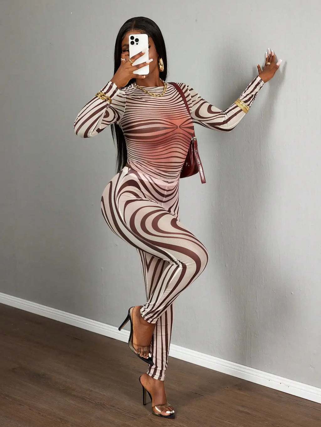 Sexy Sheer Mesh Zebra Print Bodycon Long Sleeve 2 Piece Set for Street Style Festivals Parties