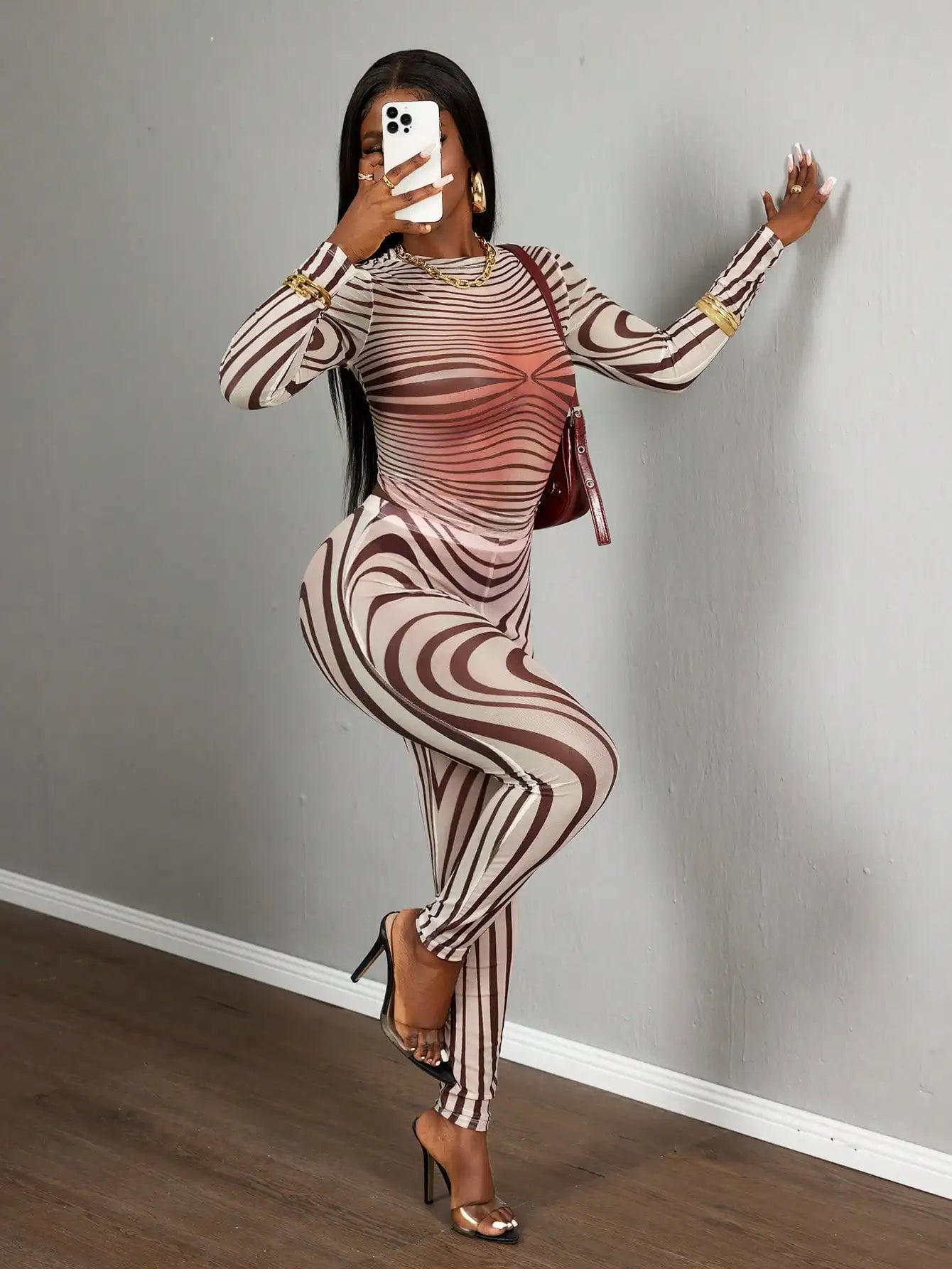 Sexy Sheer Mesh Zebra Print Bodycon Long Sleeve 2 Piece Set for Street Style Festivals Parties
