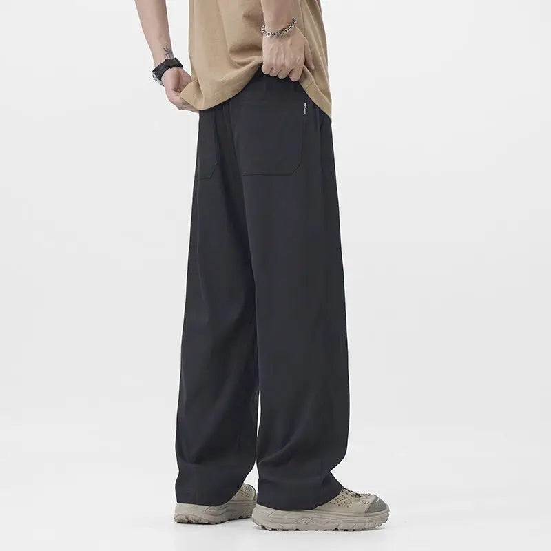 Elastic Waisand Men's Summer Thin Wide Leg Jeans Casual Loose Straight Cut Trousers High Street Long Pants Trendy Brand blue